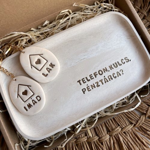 TELEFON, KULCS, PÉNZTÁRCA? box nagy ékszertartó/kulcstartó tálkával - bézs