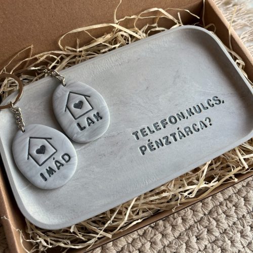 TELEFON, KULCS, PÉNZTÁRCA? box nagy ékszertartó/kulcstartó tálkával - szürke