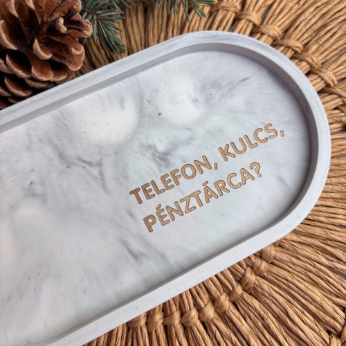 TELEFON, KULCS, PÉNZTÁRCA? - közepes tálka - szürke